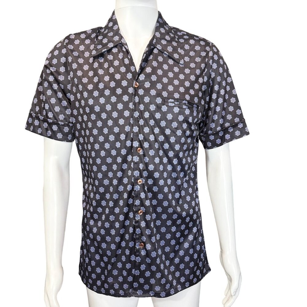 Mark Lee Shirt Mens L Black Geometric 70s Polyester Dagger Collar